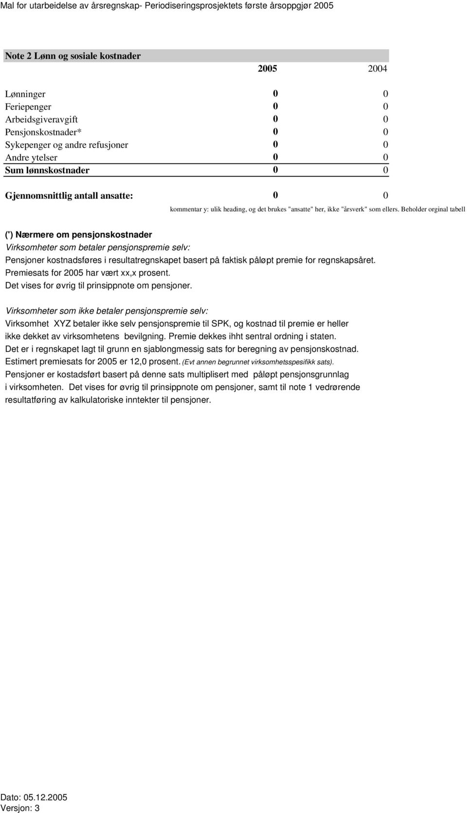 Beholder orginal tabell (') Nærmere om pensjonskostnader Virksomheter som betaler pensjonspremie selv: Pensjoner kostnadsføres i resultatregnskapet basert på faktisk påløpt premie for regnskapsåret.