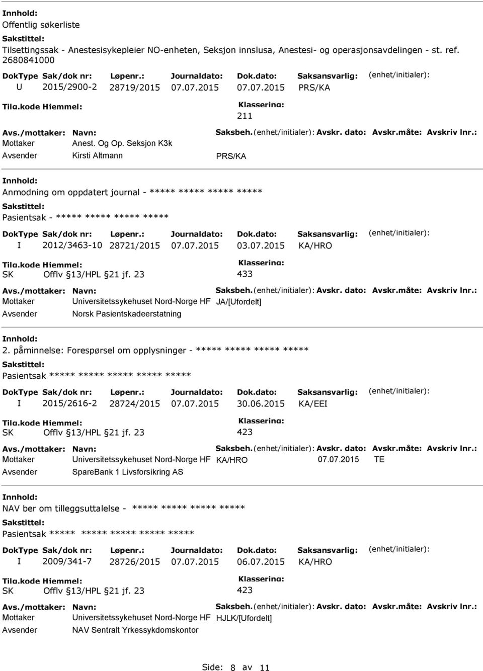 Seksjon K3k Kirsti Altmann PRS/KA Anmodning om oppdatert journal - ***** ***** ***** ***** 2012/3463-10 28721/2015 433 Avs./mottaker: Navn: Saksbeh. Avskr. dato: Avskr.måte: Avskriv lnr.