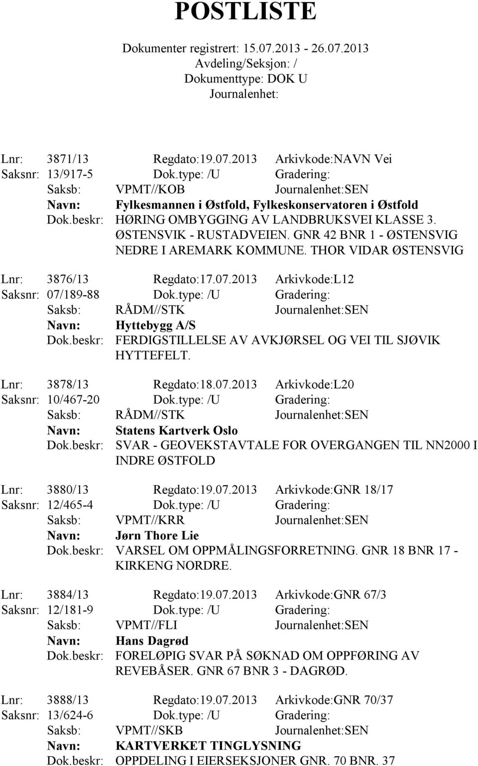 GNR 42 BNR 1 - ØSTENSVIG NEDRE I AREMARK KOMMUNE. THOR VIDAR ØSTENSVIG Lnr: 3876/13 Regdato:17.07.2013 Arkivkode:L12 Saksnr: 07/189-88 Dok.