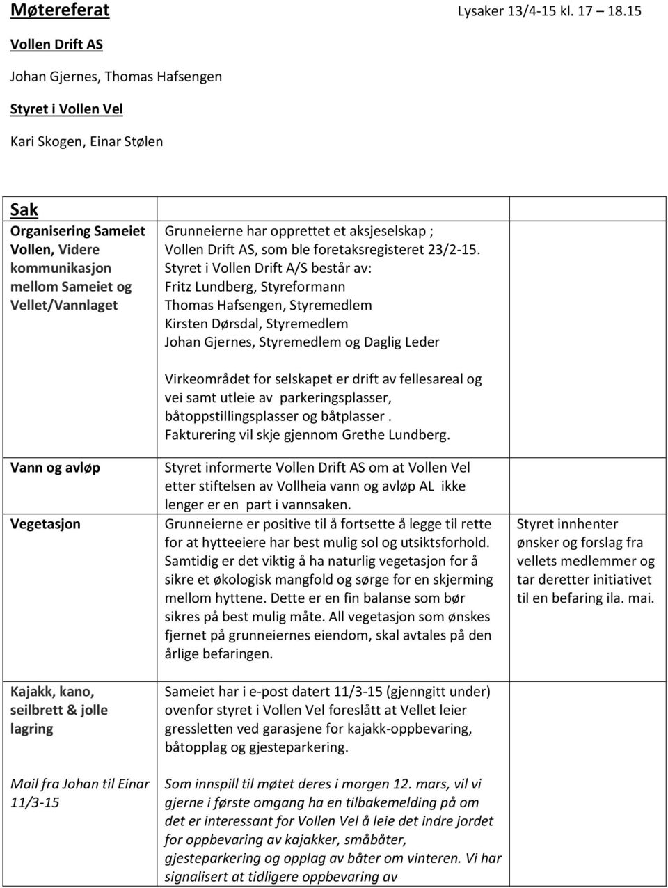 har opprettet et aksjeselskap ; Vollen Drift AS, som ble foretaksregisteret 23/2-15.