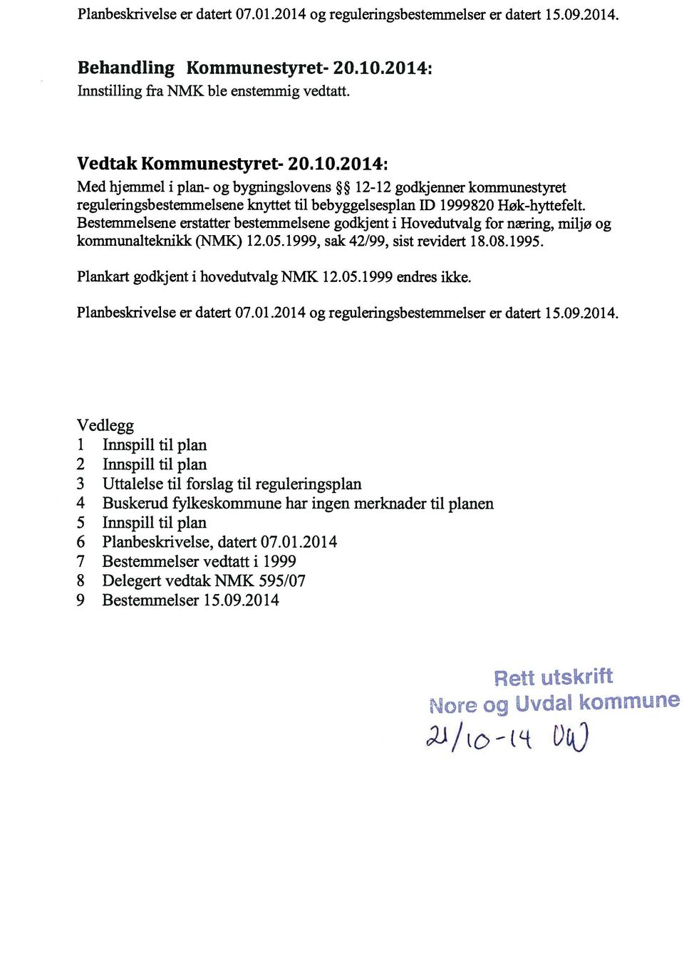 2014: Med hjemmel i plan- og bygningslovens 12-12 godkjenner kommunestyret reguleringsbestemmelsene knyttet til bebyggelsesplan ID 1999820 Høk-hyttefelt.