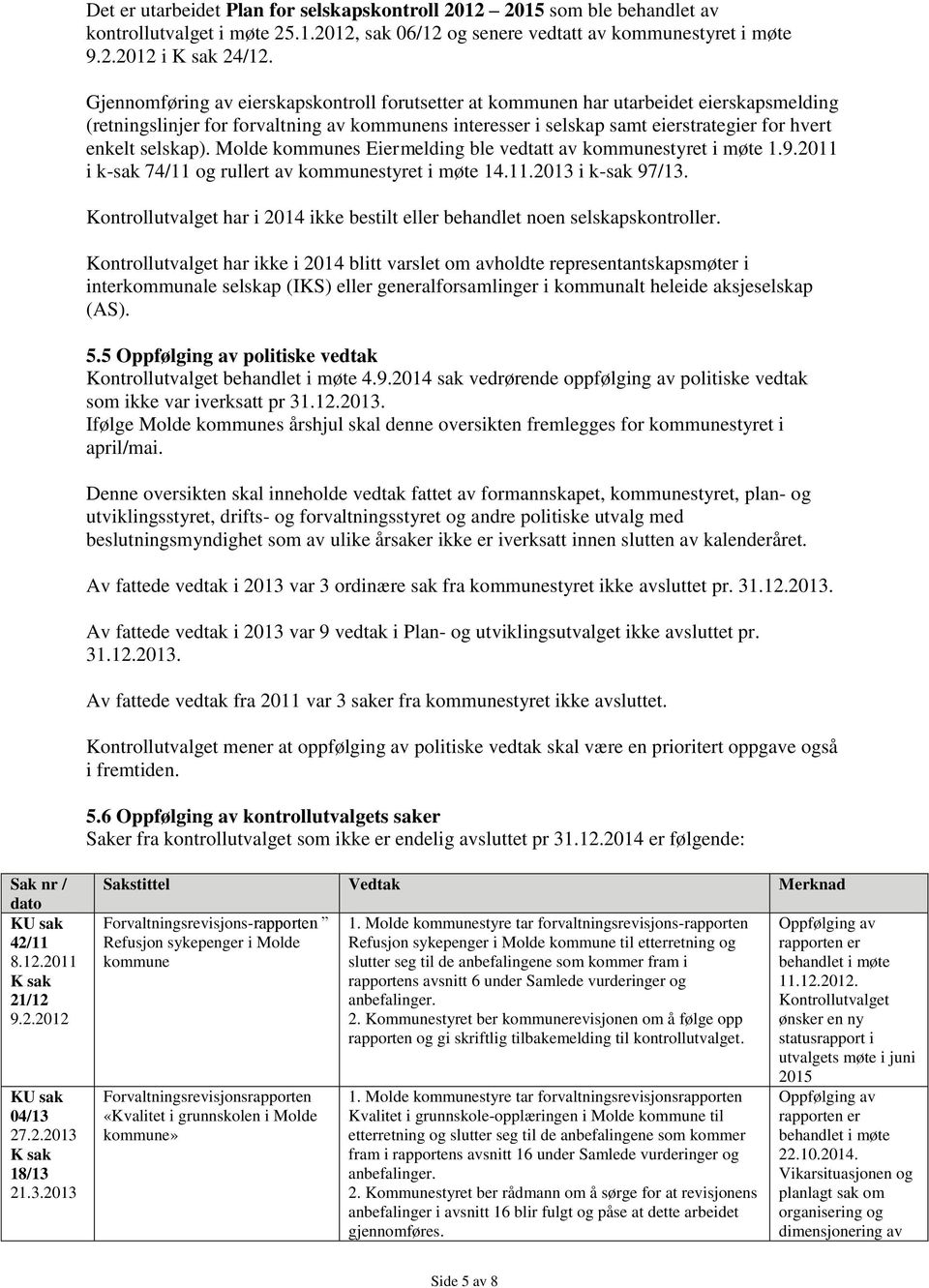 selskap). Molde kommunes Eiermelding ble vedtatt av kommunestyret i møte 1.9.2011 i k-sak 74/11 og rullert av kommunestyret i møte 14.11.2013 i k-sak 97/13.