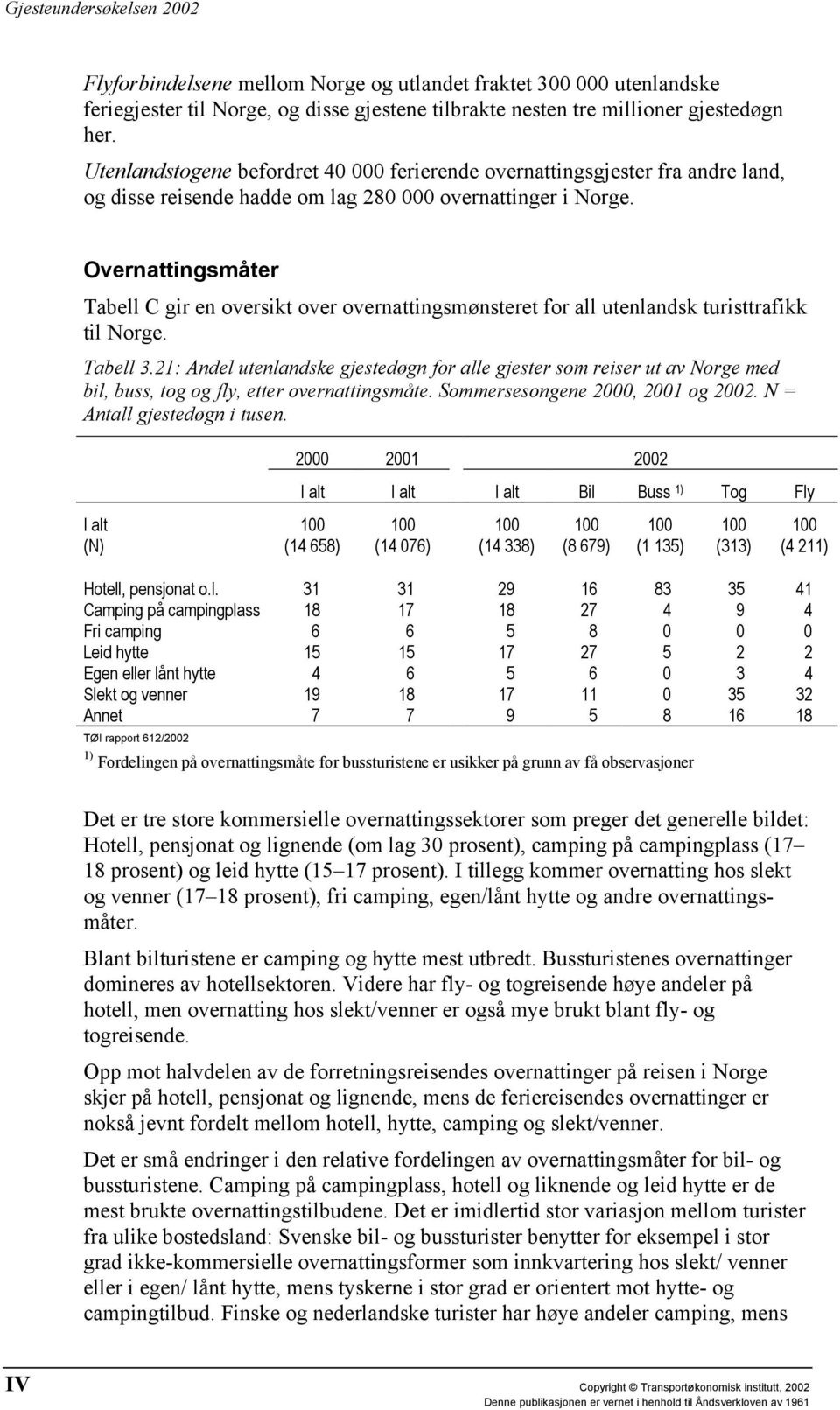 Overnattingsmåter Tabell C gir en oversikt over overnattingsmønsteret for all utenlandsk turisttrafikk til Norge. Tabell 3.