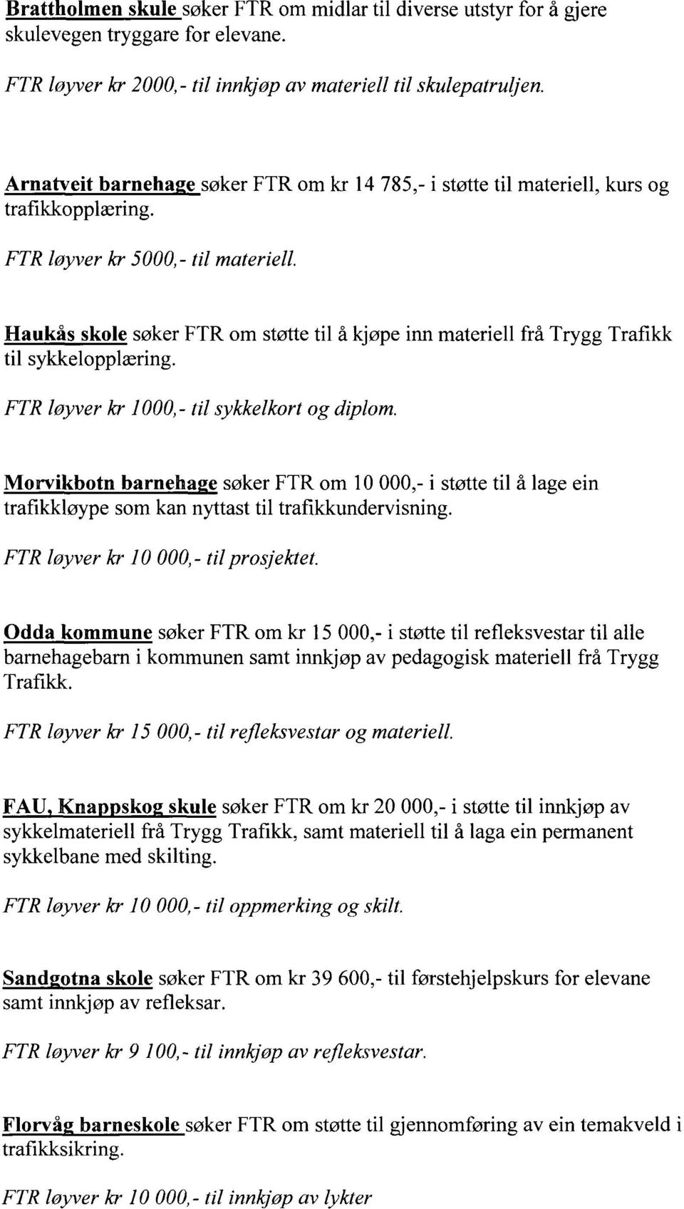 Haukas skole søker FTR om støtte til å kjøpe inn materiell frå Trygg Trafikk til sykkelopplæring. FTR løyver kr 1000,- til sykkelkort og diplom.