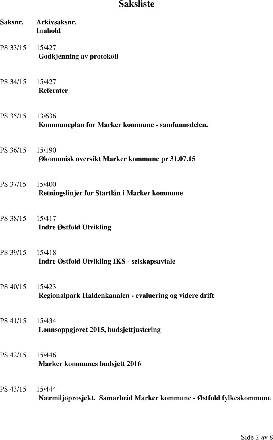 PS 36/15 15/190 Økonomisk oversikt Marker kommune pr 31.07.