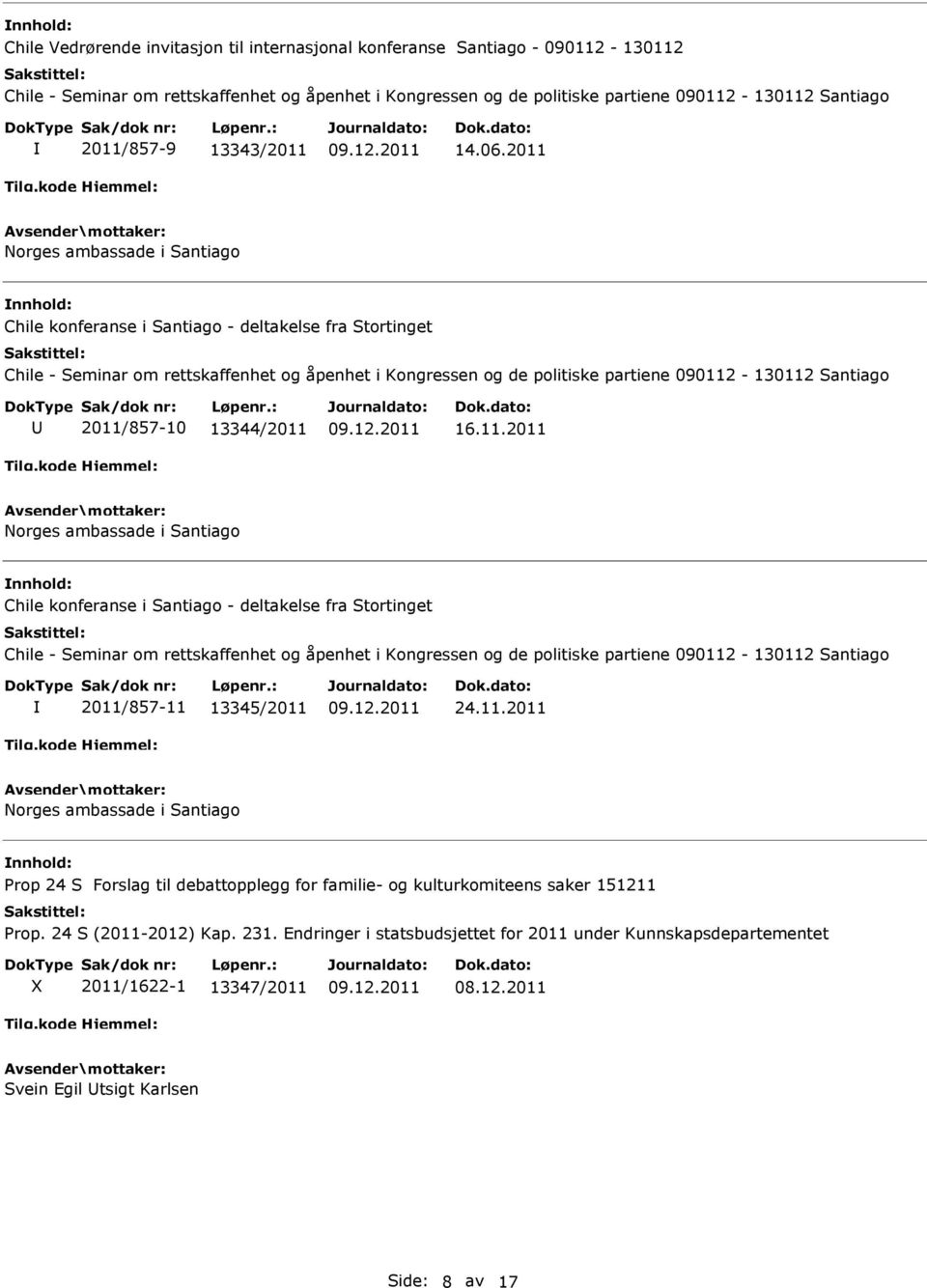 11.2011 Norges ambassade i Santiago Prop 24 S Forslag til debattopplegg for familie- og kulturkomiteens saker 151211 Prop. 24 S (2011-2012) Kap. 231.