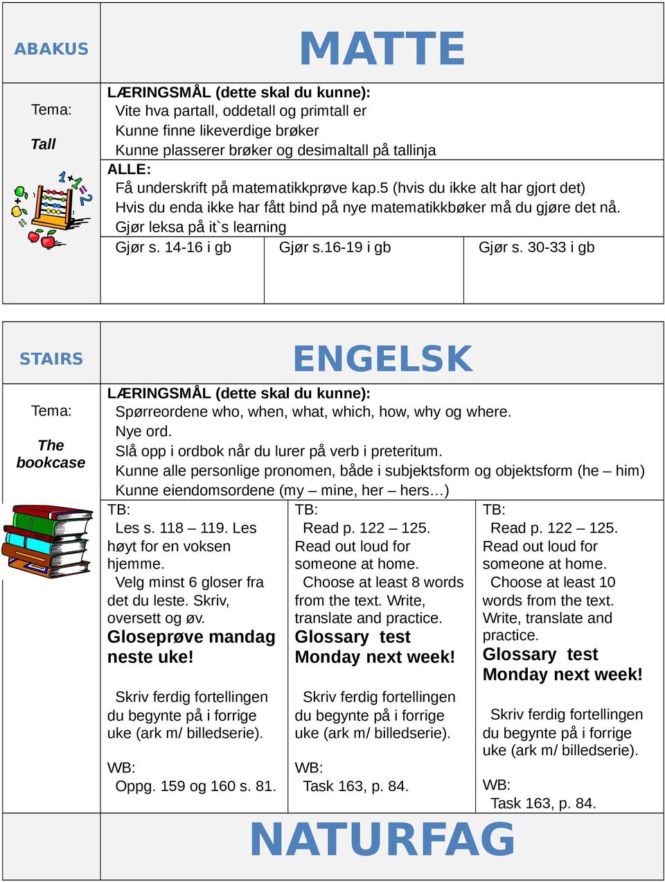 30-33 i gb STAIRS The bookcase ENGELSK Spørreordene who, when, what, which, how, why og where. Nye ord. Slå opp i ordbok når du lurer på verb i preteritum.