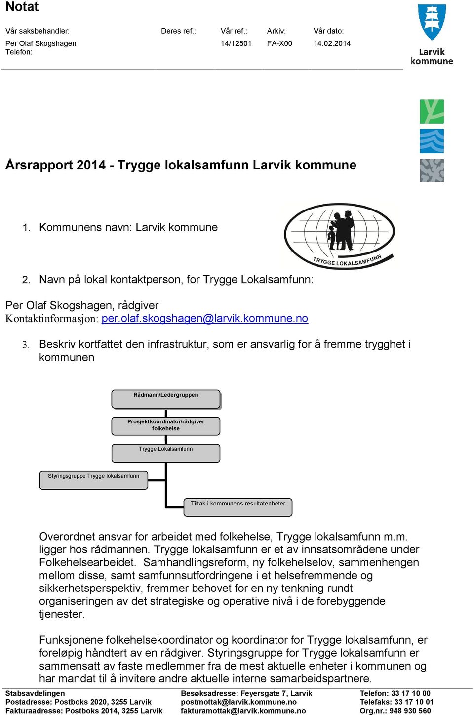 Beskriv kortfattet den infrastruktur, som er ansvarlig for å fremme trygghet i kommunen Rådmann/Ledergruppen Prosjektkoordinator/rådgiver folkehelse Trygge Lokalsamfunn Styringsgruppe Trygge