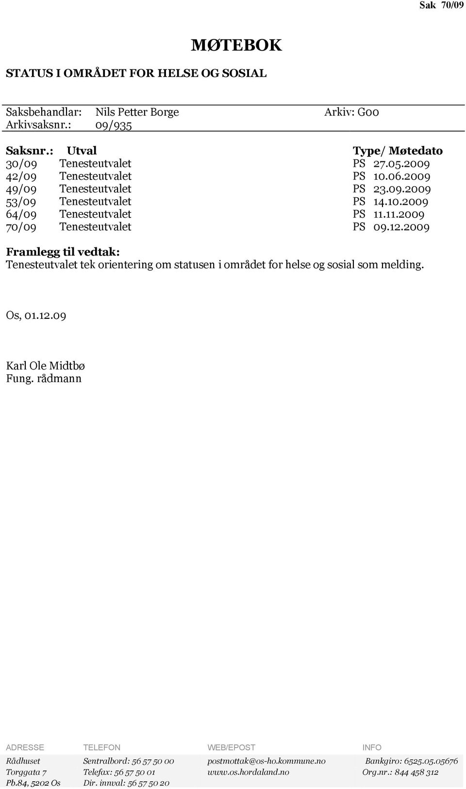 2009 Framlegg tl vedtak: Tenesteutvalet tek orenterng om statusen området for helse og sosal som meldng. Os, 01.12.09 Karl Ole Mdtbø Fung.