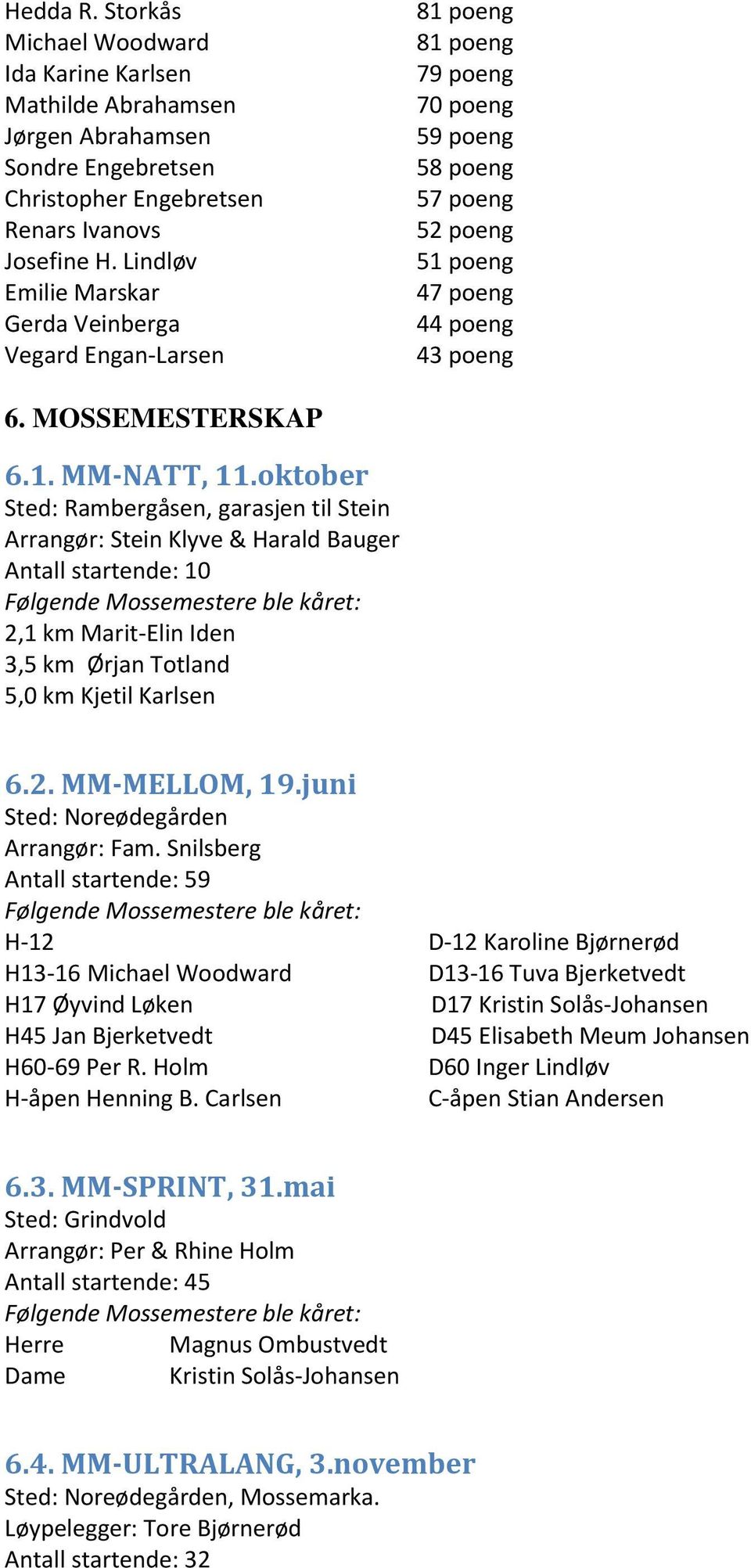 oktober Sted: Rambergåsen, garasjen til Stein Arrangør: Stein Klyve & Harald Bauger Antall startende: 10 Følgende Mossemestere ble kåret: 2,1 km Marit-Elin Iden 3,5 km Ørjan Totland 5,0 km Kjetil