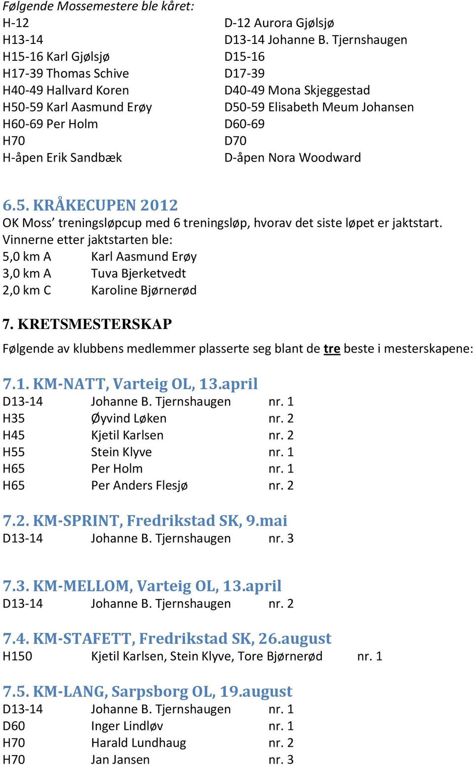 D70 H-åpen Erik Sandbæk D-åpen Nora Woodward 6.5. KRÅKECUPEN 2012 OK Moss treningsløpcup med 6 treningsløp, hvorav det siste løpet er jaktstart.