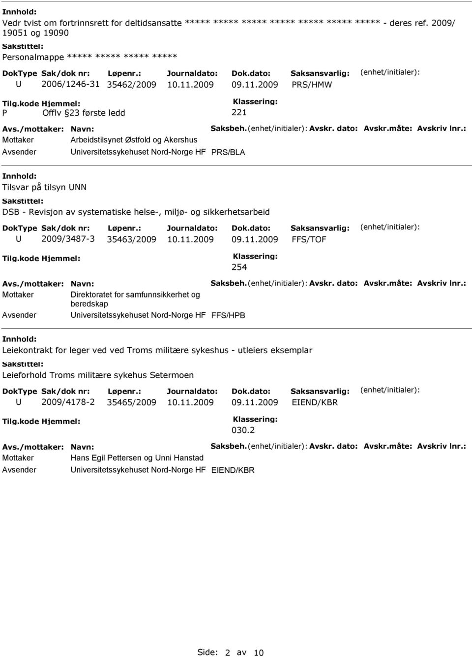 : Mottaker Arbeidstilsynet Østfold og Akershus niversitetssykehuset Nord-Norge HF PRS/BLA Tilsvar på tilsyn NN DSB - Revisjon av systematiske helse-, miljø- og sikkerhetsarbeid 2009/3487-3 35463/2009