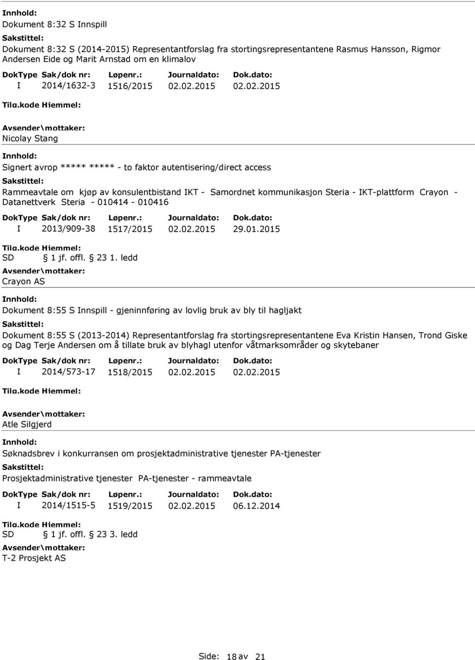 010414-010416 2013/909-38 1517/2015 1 jf. offl. 23 1. ledd Crayon AS 29.01.2015 nnhold: Dokument 8:55 S nnspill - gjeninnføring av lovlig bruk av bly til hagljakt Dokument 8:55 S (2013-2014)