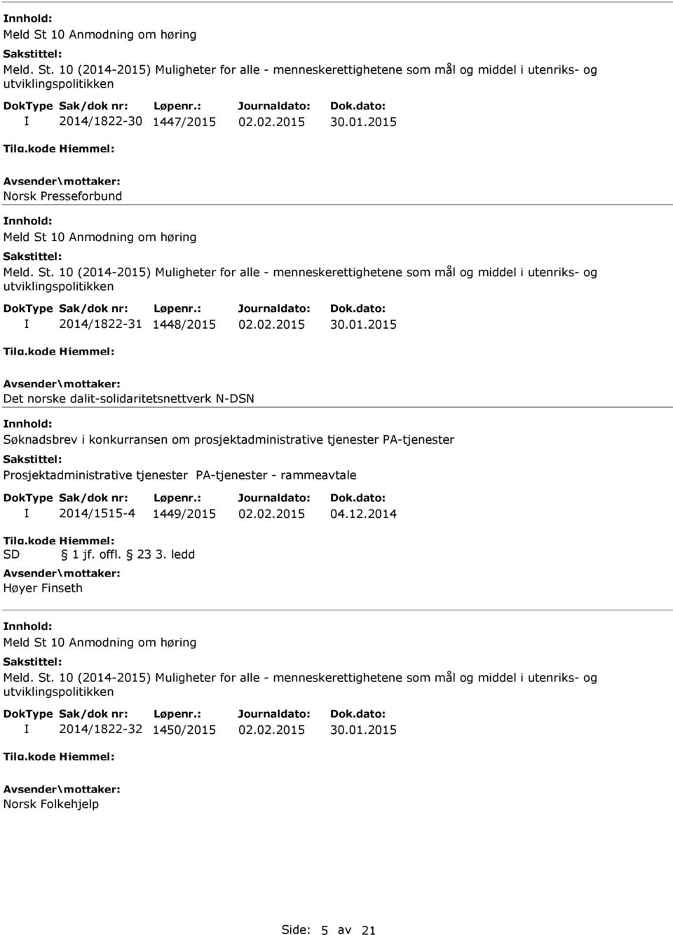 10 (2014-2015) Muligheter for alle - menneskerettighetene som mål og middel i utenriks- og utviklingspolitikken 2014/1822-30 1447/2015 Norsk Presseforbund  10 (2014-2015) Muligheter for alle -