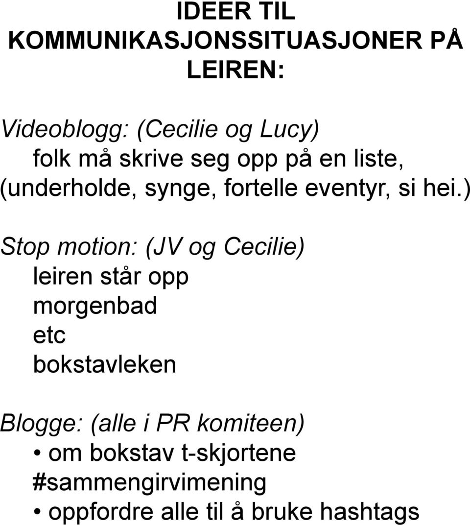 ) Stop motion: (JV og Cecilie) leiren står opp morgenbad etc bokstavleken Blogge: