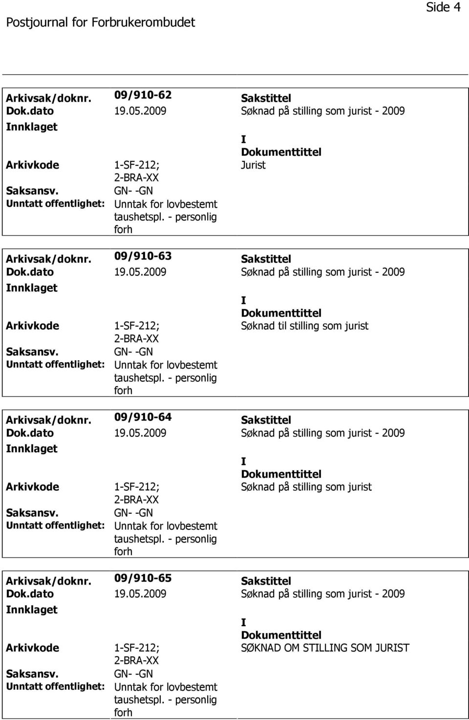 09/910-63 Sakstittel nnklaget nntak for lovbestemt Søknad til stilling som jurist