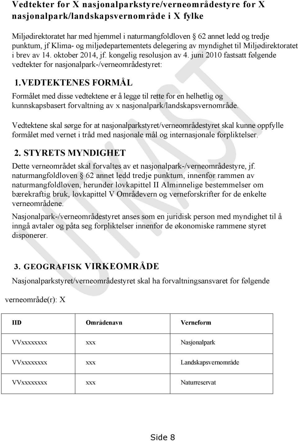 juni 2010 fastsatt følgende vedtekter for nasjonalpark-/verneområdestyret: 1.