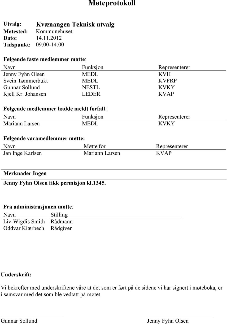 Johansen LEDER KVAP Følgende medlemmer hadde meldt forfall: Navn Funksjon Representerer Mariann Larsen MEDL KVKY Følgende varamedlemmer møtte: Navn Møtte for Representerer Jan Inge Karlsen Mariann