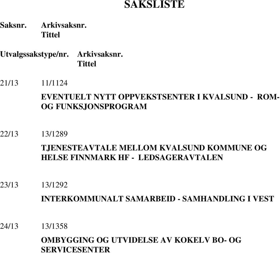 Tittel 21/13 11/1124 EVENTUELT NYTT OPPVEKSTSENTER I KVALSUND - ROM- OG FUNKSJONSPROGRAM 22/13