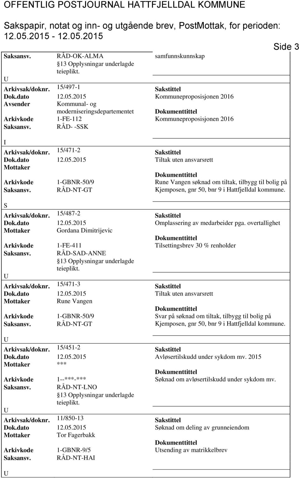 2015 Tiltak uten ansvarsrett Arkivkode 1-GBNR-50/9 Rune Vangen søknad om tiltak, tilbygg til bolig på aksansv. RÅD-NT-GT Kjemposen, gnr 50, bnr 9 i Hattfjelldal kommune. Arkivsak/doknr.