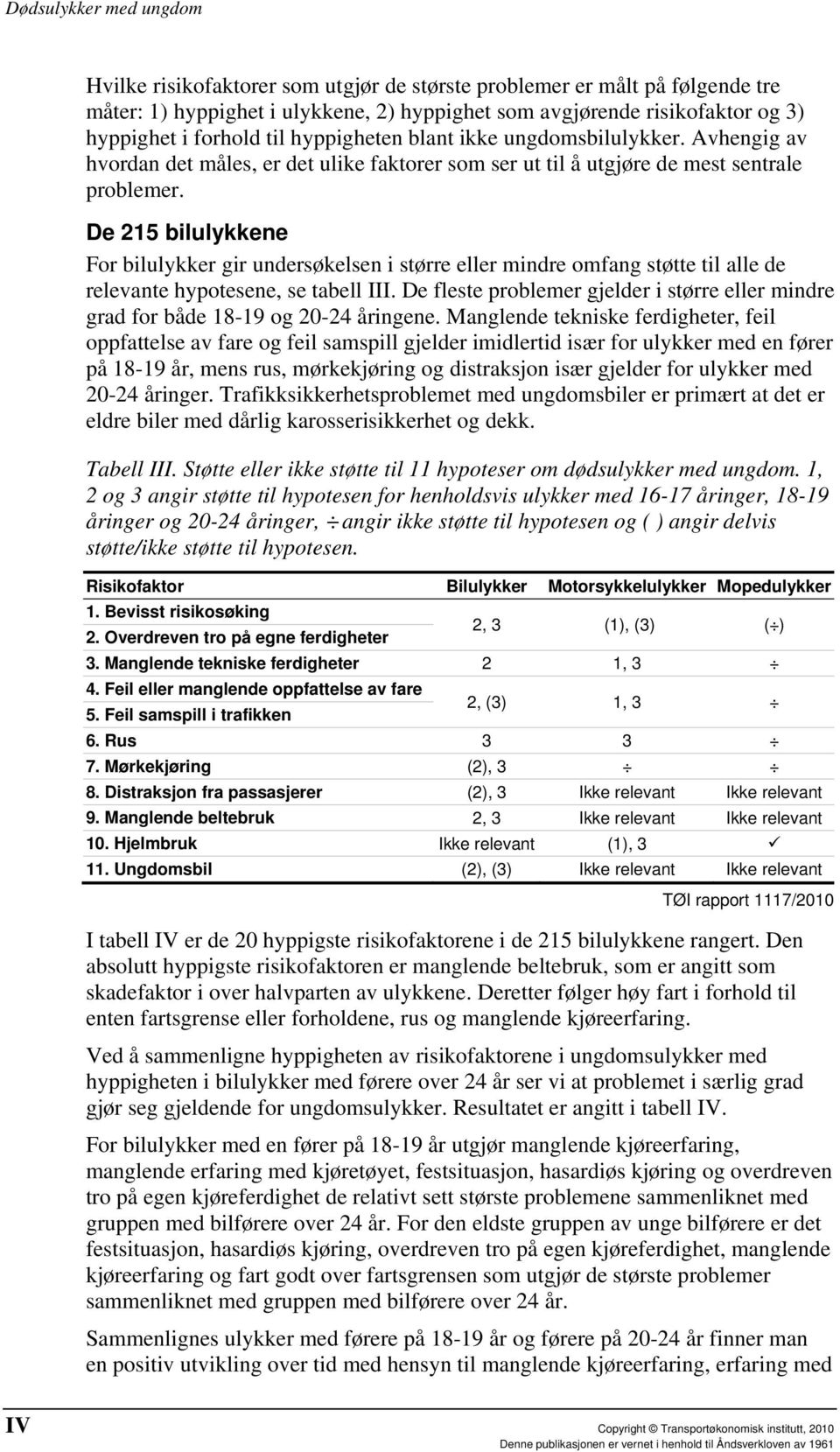 De 215 bilulykkene For bilulykker gir undersøkelsen i større eller mindre omfang støtte til alle de relevante hypotesene, se tabell III.