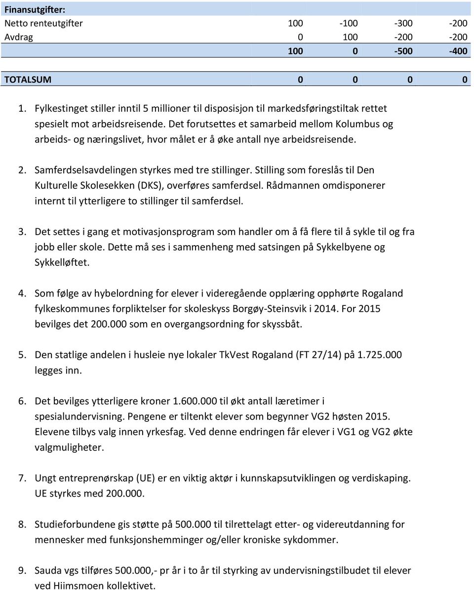 Det forutsettes et samarbeid mellom Kolumbus og arbeids- og næringslivet, hvor målet er å øke antall nye arbeidsreisende. 2. Samferdselsavdelingen styrkes med tre stillinger.