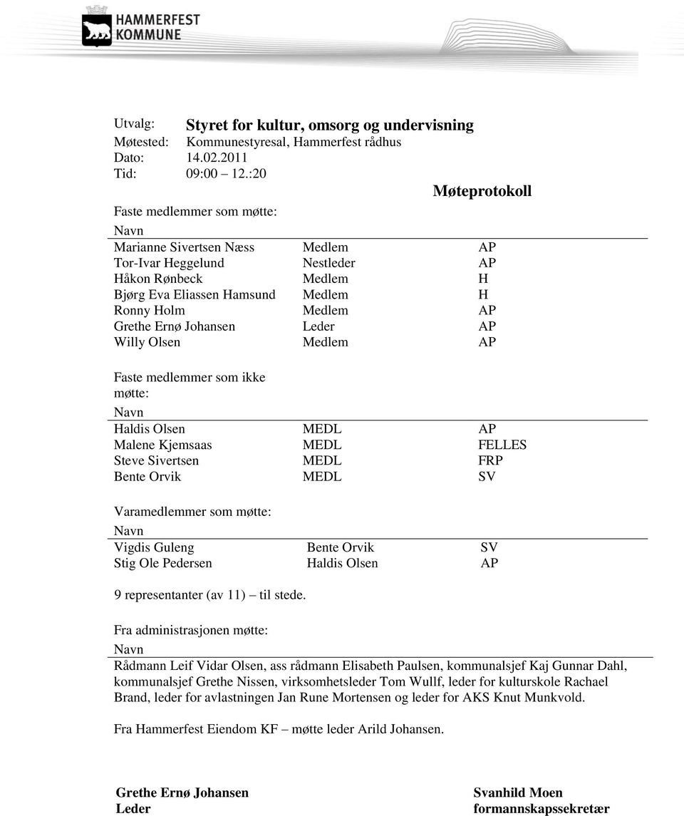 Grethe Ernø Johansen Leder AP Willy Olsen Medlem AP Faste medlemmer som ikke møtte: Navn Haldis Olsen MEDL AP Malene Kjemsaas MEDL FELLES Steve Sivertsen MEDL FRP Bente Orvik MEDL SV Varamedlemmer