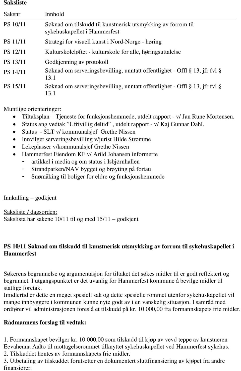 1 PS 15/11 Søknad om serveringsbevilling, unntatt offentlighet - Offl 13, jfr fvl 13.1 Muntlige orienteringer: Tiltaksplan Tjeneste for funksjonshemmede, utdelt rapport - v/ Jan Rune Mortensen.