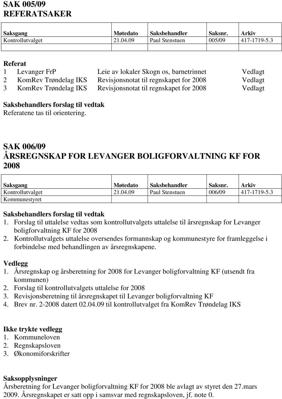 2008 Vedlagt Saksbehandlers forslag til vedtak Referatene tas til orientering. SAK 006/09 ÅRSREGNSKAP FOR LEVANGER BOLIGFORVALTNING KF FOR 2008 Saksgang Møtedato Saksbehandler Saksnr.