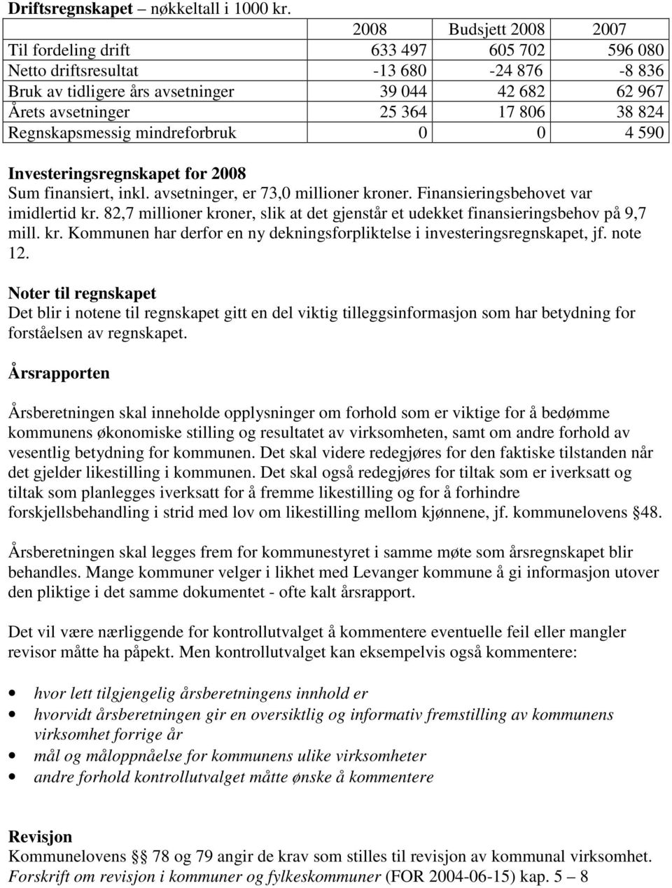 824 Regnskapsmessig mindreforbruk 0 0 4 590 Investeringsregnskapet for 2008 Sum finansiert, inkl. avsetninger, er 73,0 millioner kroner. Finansieringsbehovet var imidlertid kr.