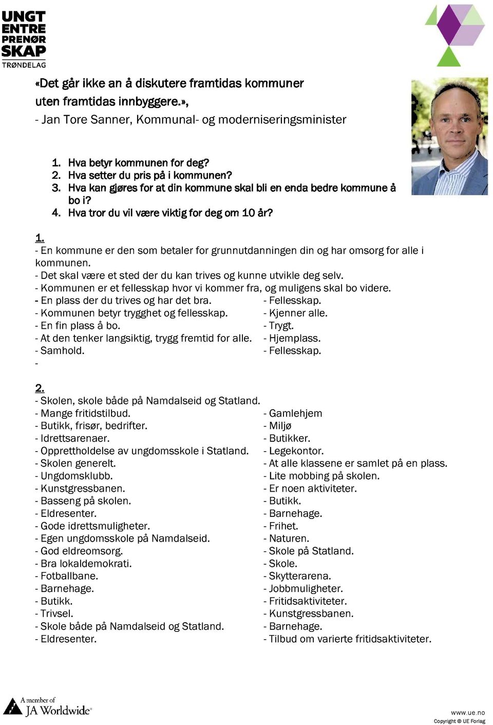 år? 1. - En kommuneer den som betaler for grunnutdanningendin og har omsorgfor alle i kommunen. - Det skal væreet sted der du kan trives og kunne utvikle degselv.