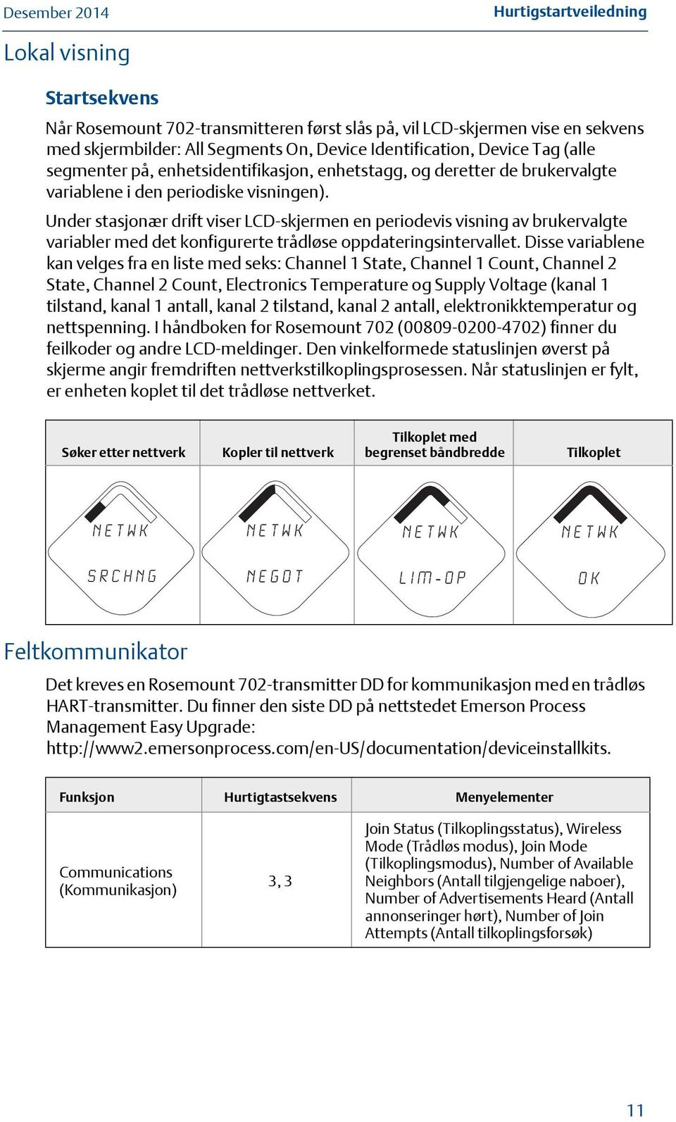 Under stasjonær drift viser LCD-skjermen en periodevis visning av brukervalgte variabler med det konfigurerte trådløse oppdateringsintervallet.