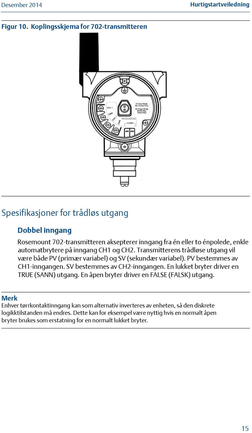 automatbrytere på inngang CH1 og CH2. Transmitterens trådløse utgang vil være både PV (primær variabel) og SV (sekundær variabel). PV bestemmes av CH1-inngangen.