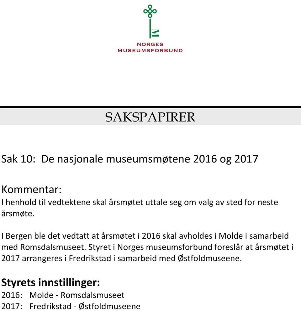 I Bergen ble det vedtatt at årsmøtet i 2016 skal avholdes i Molde i samarbeid med Romsdalsmuseet.