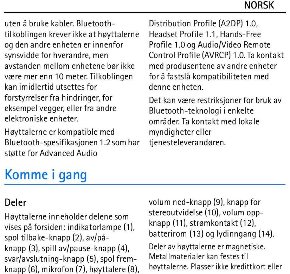 2 som har støtte for Advanced Audio Komme i gang Deler Høyttalerne inneholder delene som vises på forsiden: indikatorlampe (1), spol tilbake-knapp (2), av/påknapp (3), spill av/pause-knapp (4),