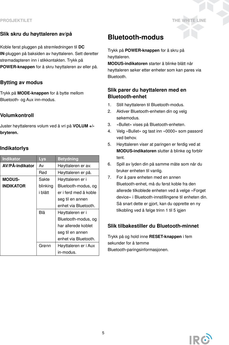 Volumkontroll Juster høyttalerens volum ved å vri på VOLUM +/- bryteren. Indikatorlys Indikator Lys Betydning AV/PÅ-indikator Av Høyttaleren er av. Rød Høyttaleren er på.