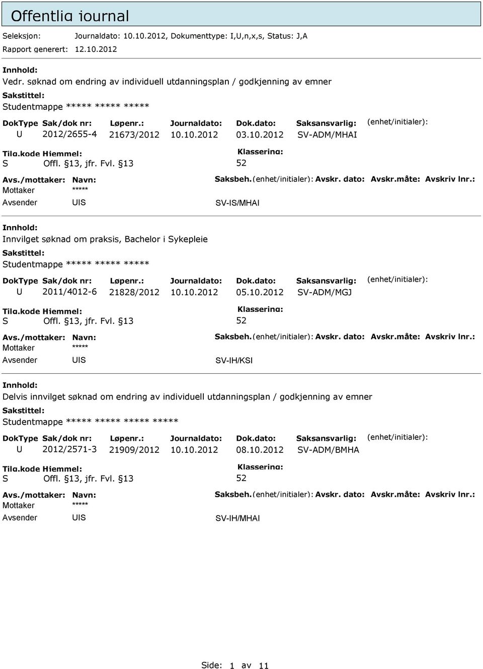 dato: Avskr.måte: Avskriv lnr.: V-/MHA nnvilget søknad om praksis, Bachelor i ykepleie tudentmappe ***** ***** ***** 2011/4012-6 21828/2012 05.10.2012 V-ADM/MGJ Avs./mottaker: Navn: aksbeh.