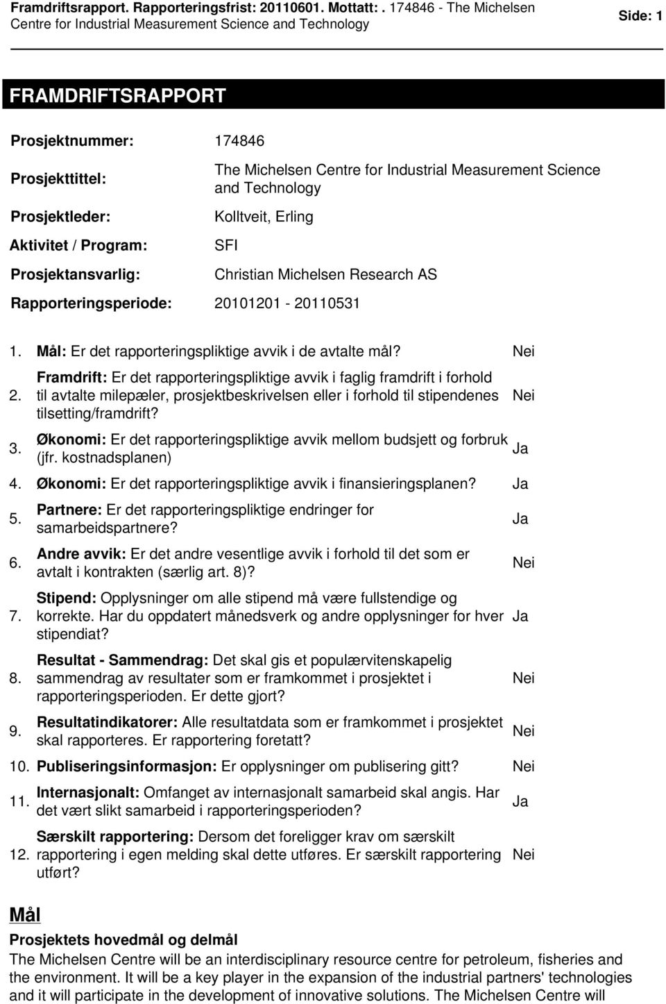 101201-20110531 1. Mål: Er det rapporteringspliktige avvik i de avtalte mål? 2.