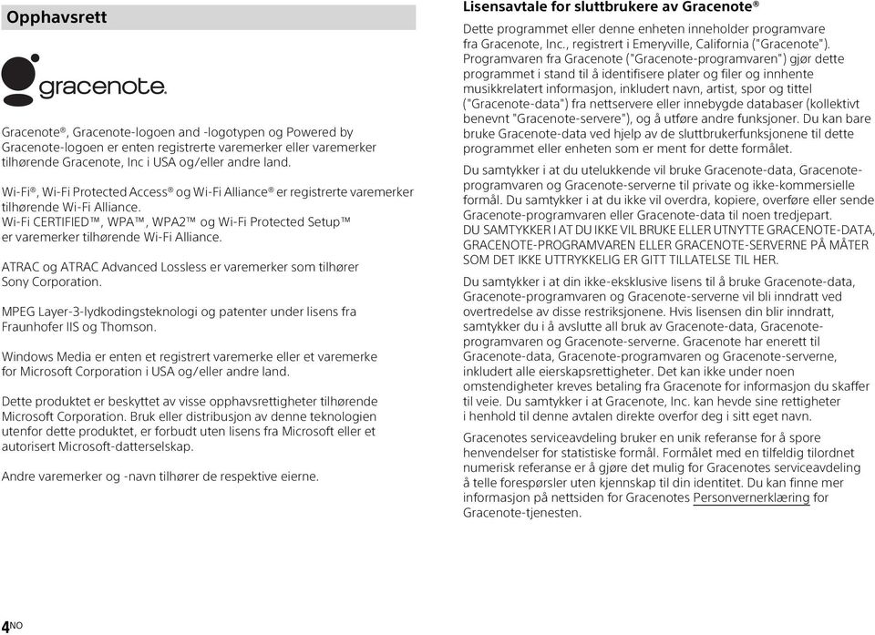 ATRAC og ATRAC Advanced Lossless er varemerker som tilhører Sony Corporation. MPEG Layer-3-lydkodingsteknologi og patenter under lisens fra Fraunhofer IIS og Thomson.