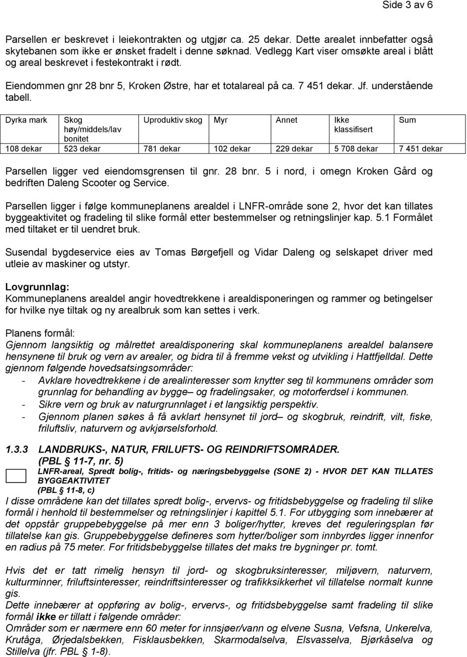 Dyrka mark Skog høy/middels/lav bonitet Uproduktiv skog Myr Annet Ikke klassifisert 108 dekar 523 dekar 781 dekar 102 dekar 229 dekar 5 708 dekar 7 451 dekar Parsellen ligger ved eiendomsgrensen til