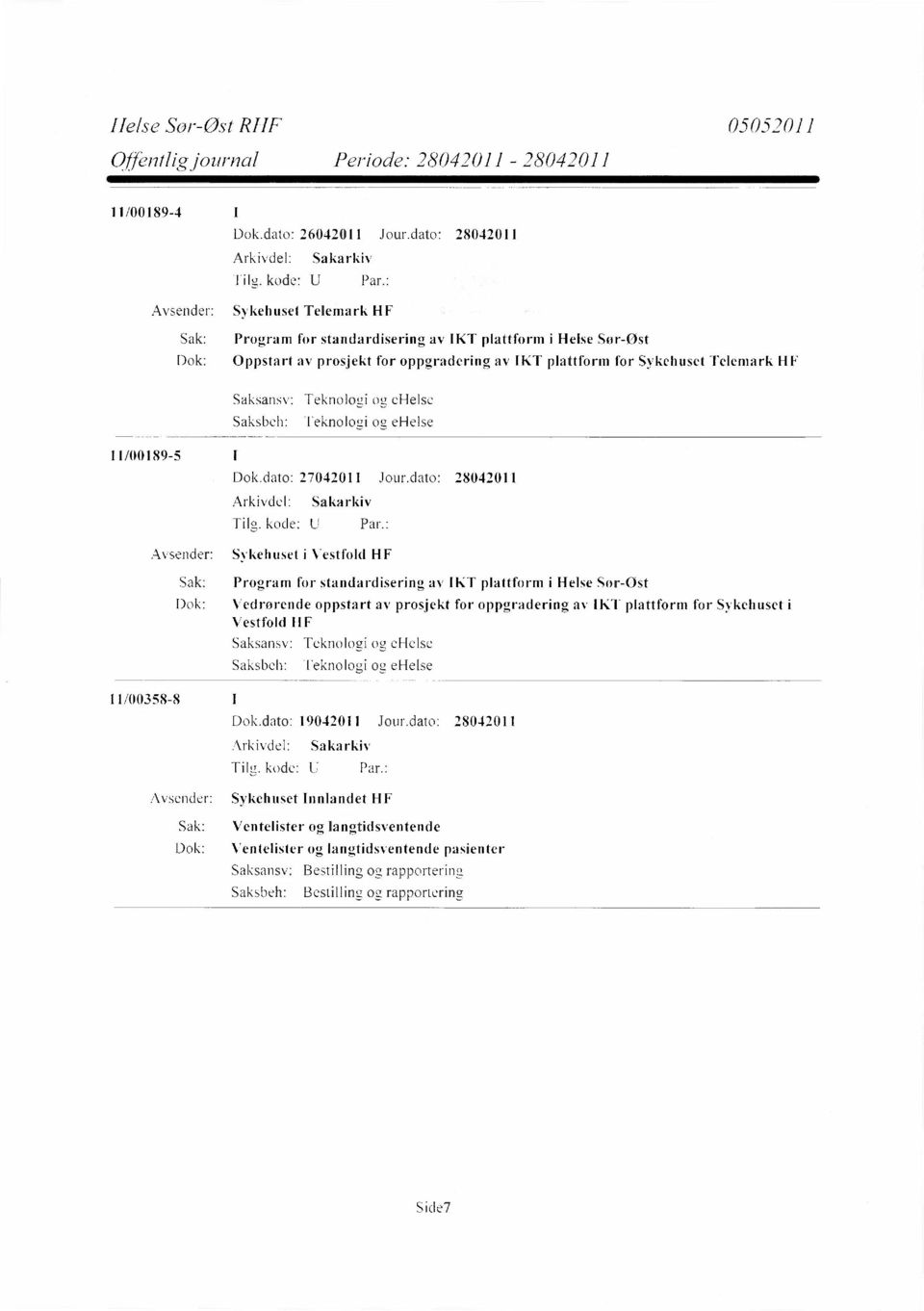 Telemark HF Teknologi og ehelse Teknologi og ehelse 11/00189-5 Avsender: Sykehuset i Vestfold HF Sak: Program for standardisering av IKT plattform i Helse Sør-ost Dok: Vedrørende oppstart av