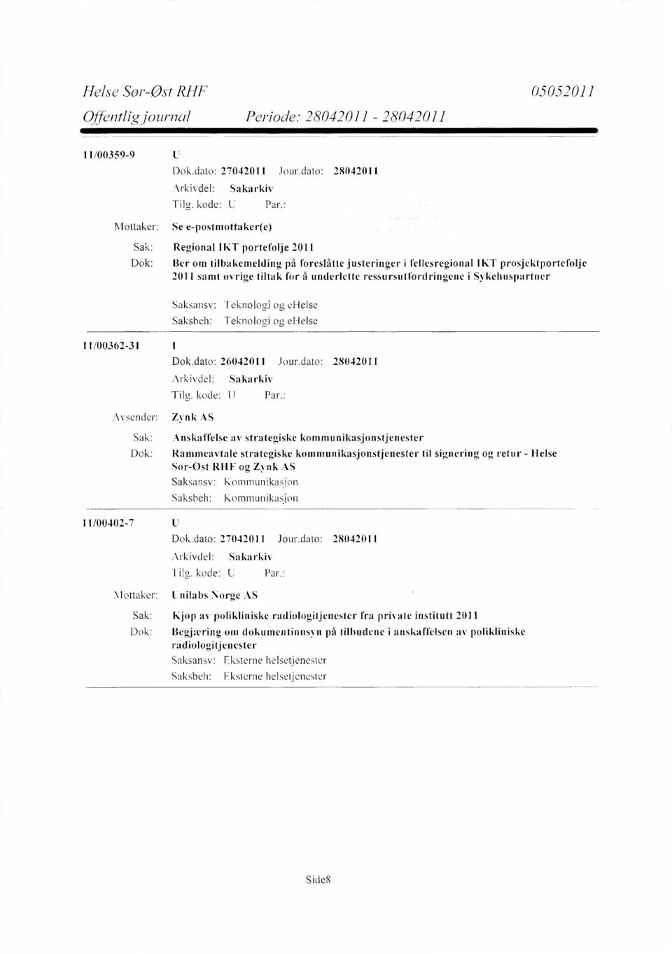 dato: 28042011 Avsender: Zynk AS Sak: Anskaffelse av strategiske kommunikasjonstjenester Dok: Rammeavtale strategiske kommunikasjonstjenester til signering og retur - Helse Sør-øst RHF og Zynk AS