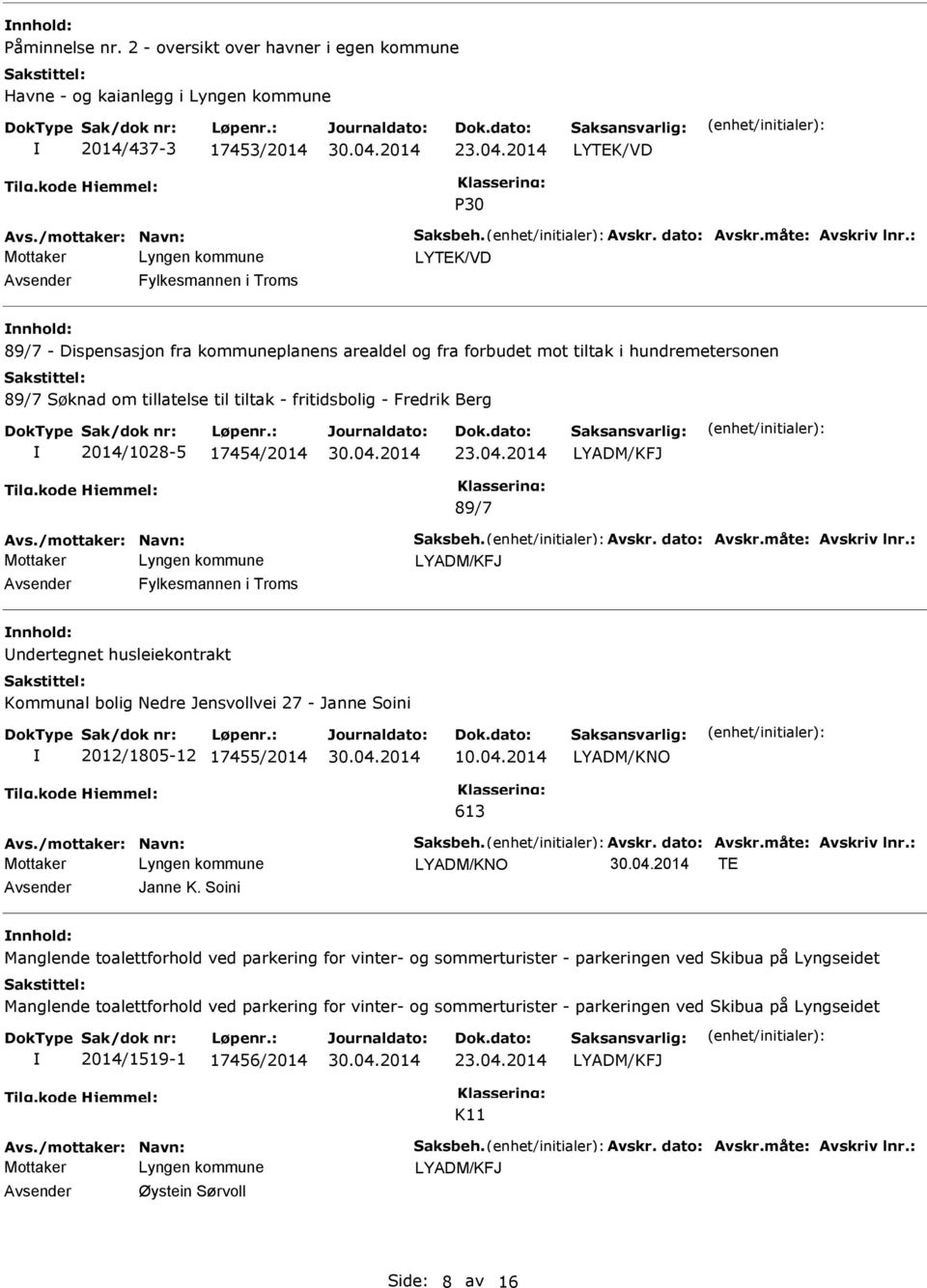 2014/1028-5 17454/2014 LYADM/KFJ 89/7 Avs./mottaker: Navn: Saksbeh. Avskr. dato: Avskr.måte: Avskriv lnr.