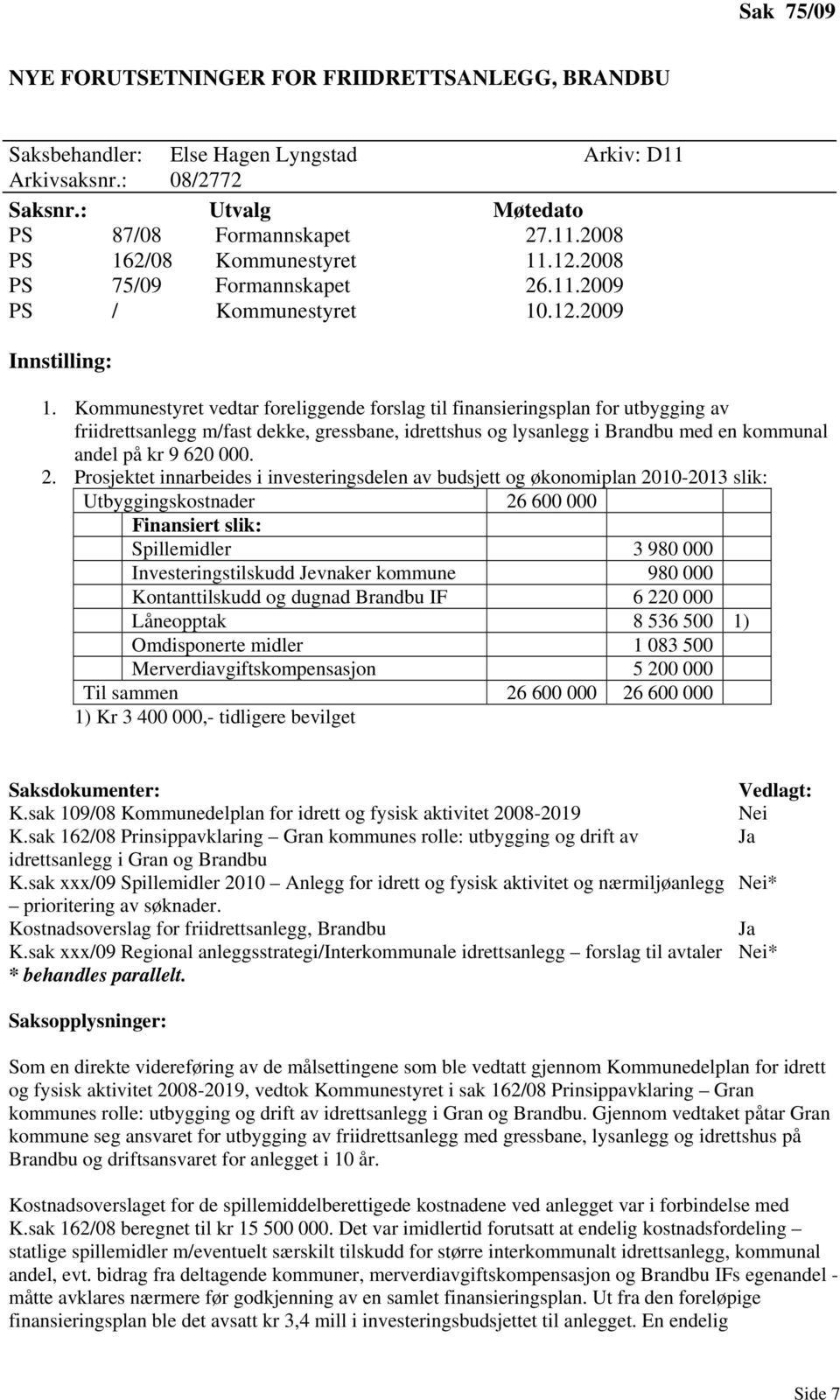 Kommunestyret vedtar foreliggende forslag til finansieringsplan for utbygging av friidrettsanlegg m/fast dekke, gressbane, idrettshus og lysanlegg i Brandbu med en kommunal andel på kr 9 620 000. 2.