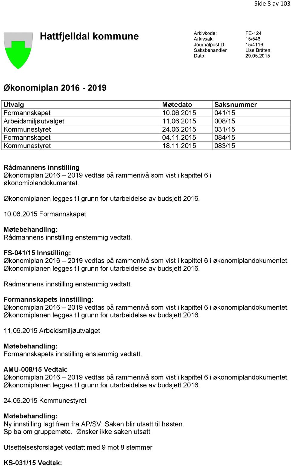 11.2015 083/15 Rådmannens innstilling Økonomiplan 2016 2019 vedtas på rammenivå som vist i kapittel 6 i økonomiplandokumentet. Økonomiplanen legges til grunn for utarbeidelse av budsjett 2016. 10.06.