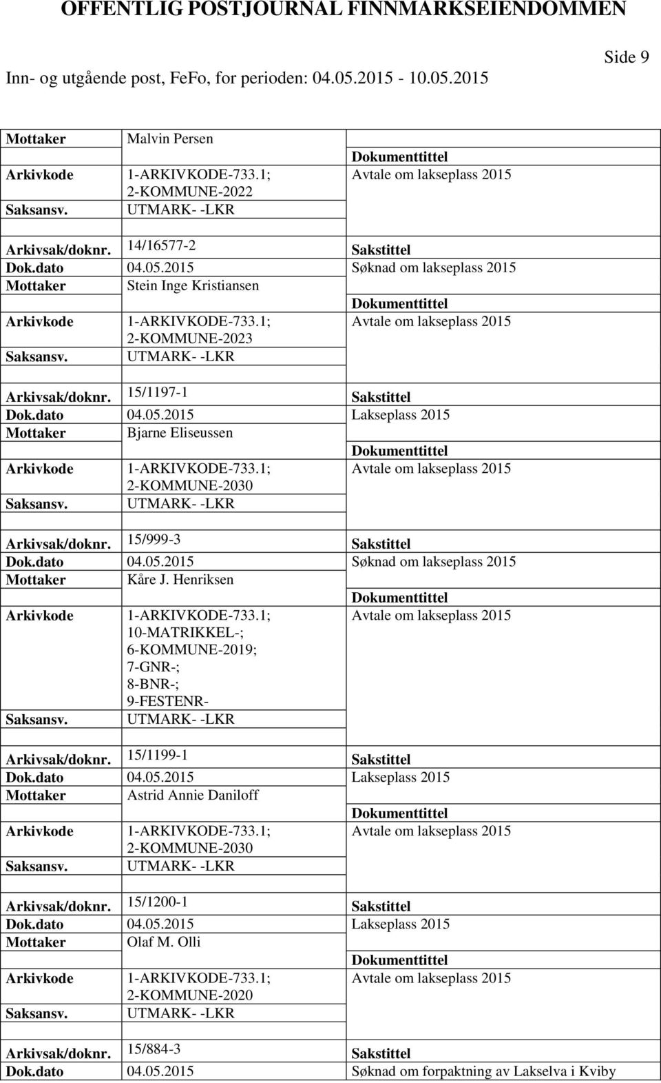 2015 Lakseplass 2015 Mottaker Bjarne Eliseussen 1-ARKIVKODE-733.1; Avtale om lakseplass 2015 2-KOMMUNE-2030 UTMARK- -LKR Arkivsak/doknr. 15/999-3 Sakstittel Dok.dato 04.05.