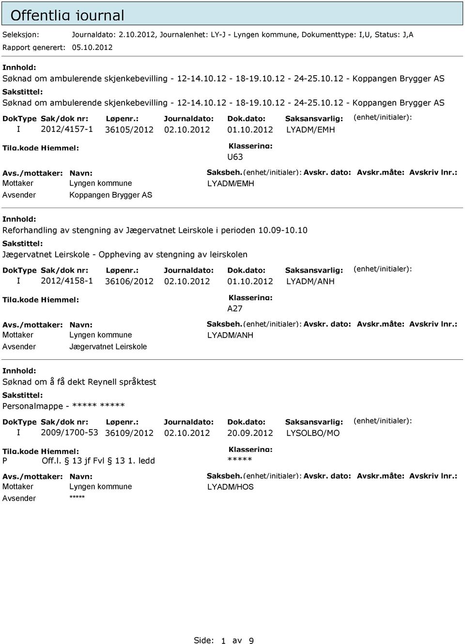 /mottaker: Navn: Saksbeh. Avskr. dato: Avskr.måte: Avskriv lnr.: LYADM/EMH Avsender Koppangen Brygger AS nnhold: Reforhandling av stengning av Jægervatnet Leirskole i perioden 10.09-10.