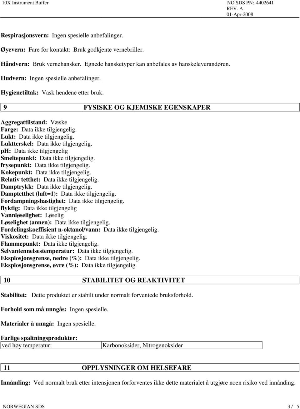 Luktterskel: Data ikke tilgjengelig. ph: Data ikke tilgjengelig Smeltepunkt: Data ikke tilgjengelig. frysepunkt: Data ikke tilgjengelig. Kokepunkt: Data ikke tilgjengelig.