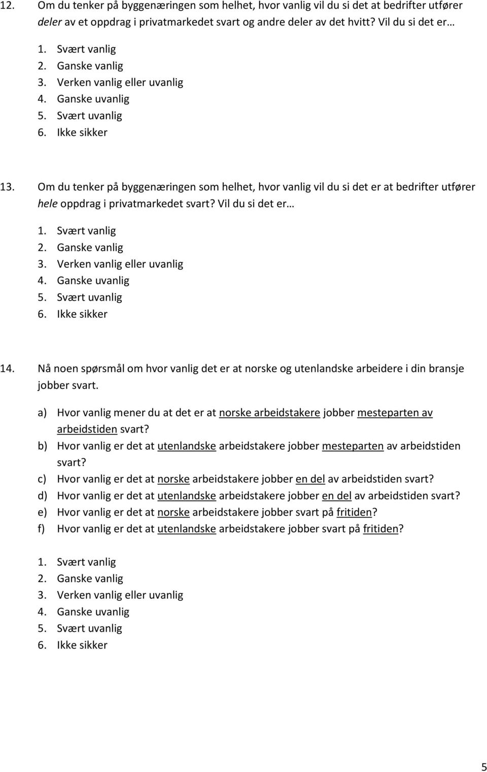 Om du tenker på byggenæringen som helhet, hvor vanlig vil du si det er at bedrifter utfører hele oppdrag i privatmarkedet svart? Vil du si det er 1. Svært vanlig 2. Ganske vanlig 3.