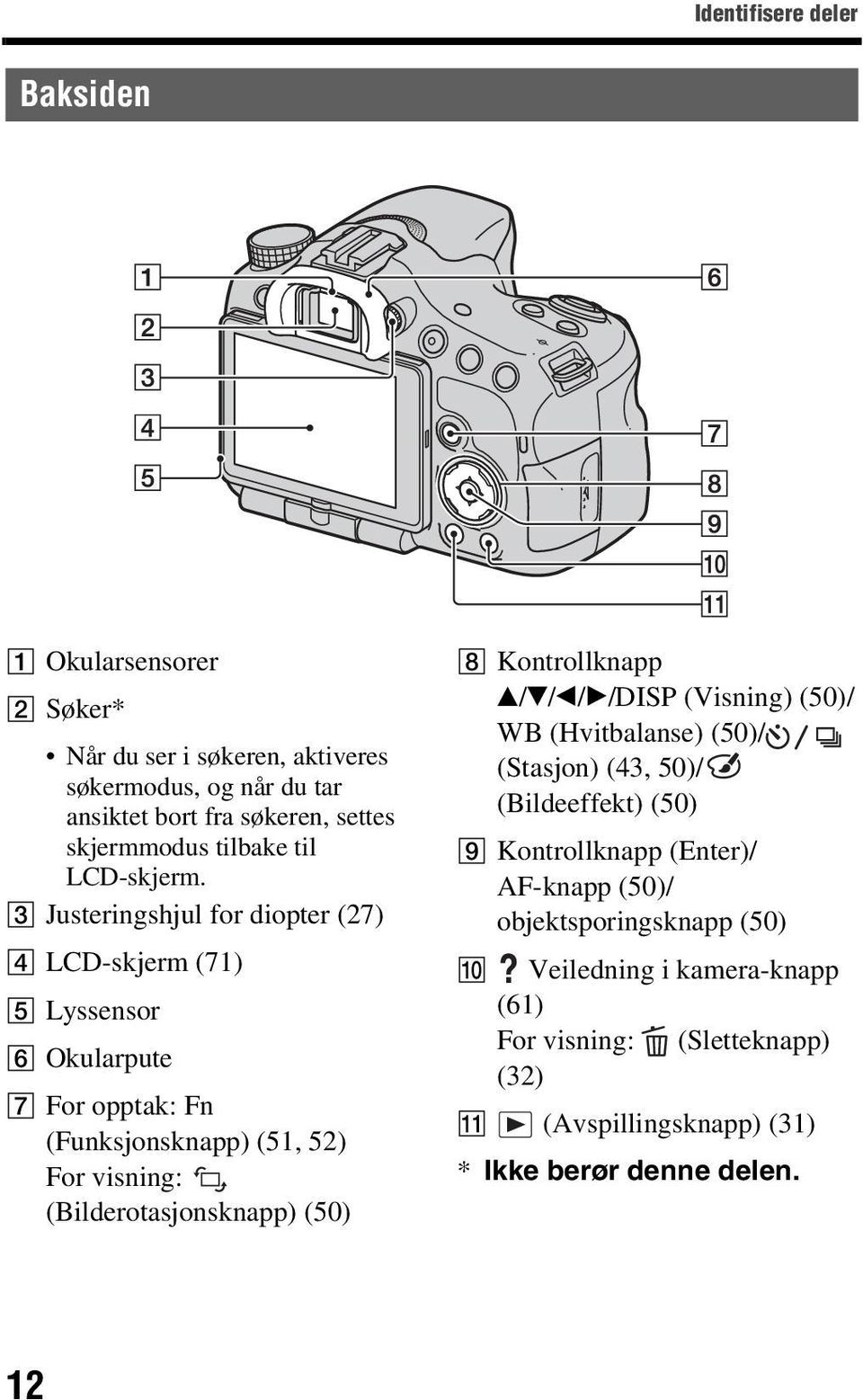 C Justeringshjul for diopter (27) D LCD-skjerm (71) E Lyssensor F Okularpute G For opptak: Fn (Funksjonsknapp) (51, 52) For visning: (Bilderotasjonsknapp)
